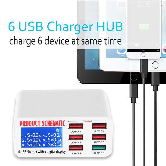 Caricatore USB 8A QC3.0 con display LCD Caricatore per telefono cellulare desktop a 6 porte Ricarica rapida intelligente per smartphone Tablet PC