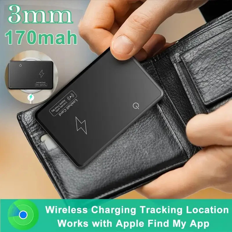 Mini Wallet Tracker Card Localizzazione di ricarica wireless Localizzatore GPS impermeabile Funziona con Apple Trova la mia app Tracker per IOS