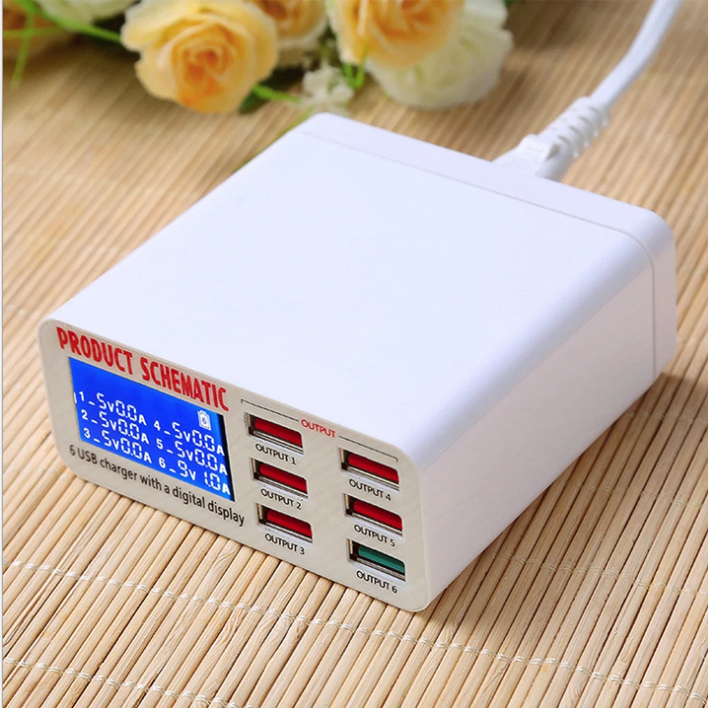 Caricatore USB 8A QC3.0 con display LCD Caricatore per telefono cellulare desktop a 6 porte Ricarica rapida intelligente per smartphone Tablet PC