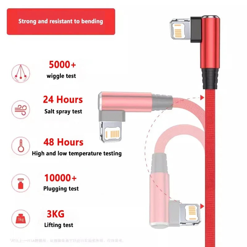 Cavo USB da 90 gradi per iPhone 14 13 12 11 Pro Max X XR 6s 7 8 Plus Cavo da 2 m 3 m Cavo di ricarica rapida per telefono cellulare Cavo per caricabatterie dati