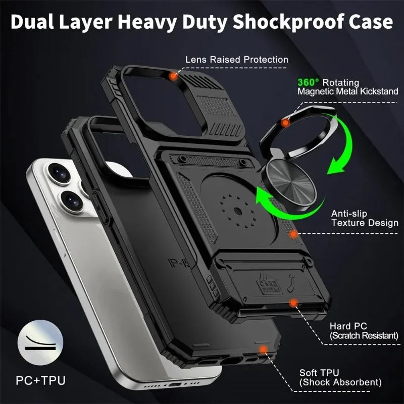 Custodia per iPhone 16 15 14 13 12 11 Pro Max XS XR 8 7 Plus Anello ruotato magnetico Cavalletto Custodia a portafoglio con protezione anticaduta resistente