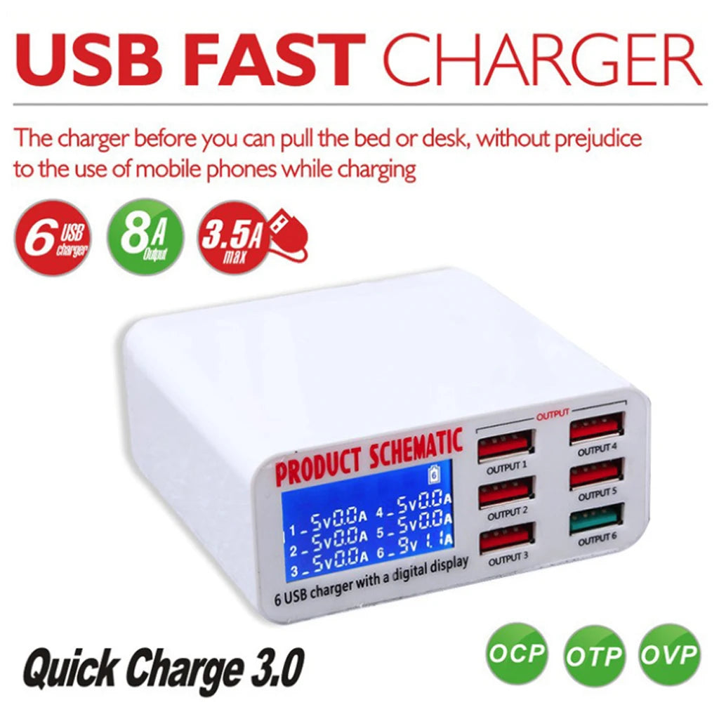 Caricatore USB 8A QC3.0 con display LCD Caricatore per telefono cellulare desktop a 6 porte Ricarica rapida intelligente per smartphone Tablet PC