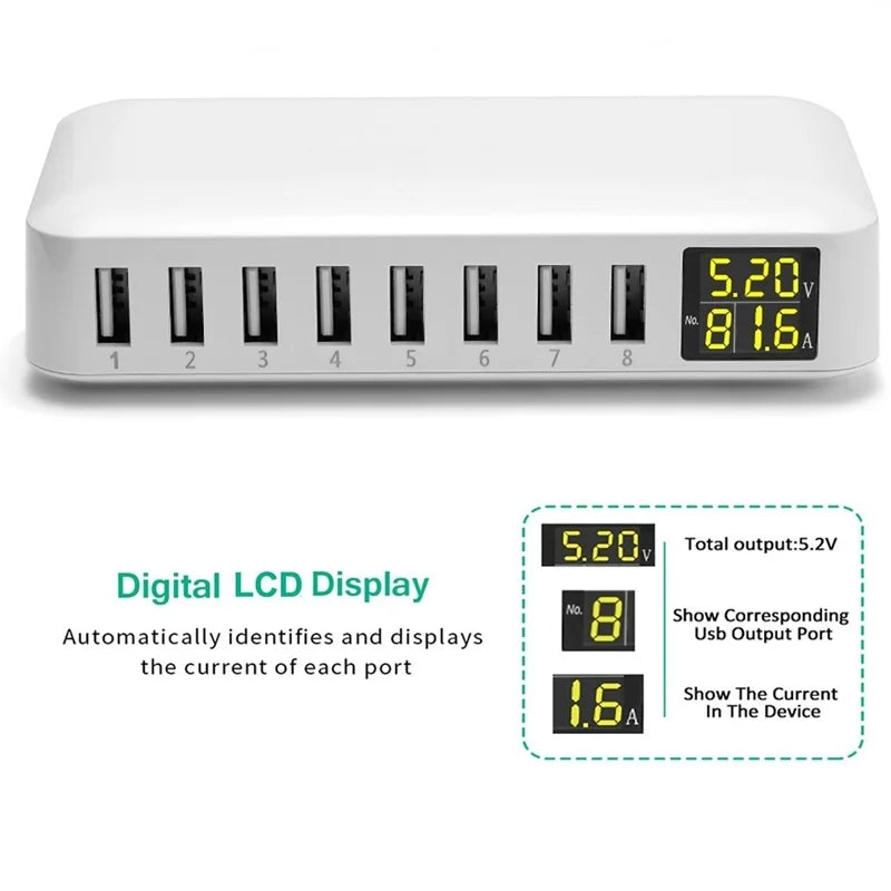 Caricatore rapido USB multi 8 porte Telefono desktop Carregador Display LCD Stazione di ricarica Dock HUB per Iphone 14 Samsung Xiaomi Tablet